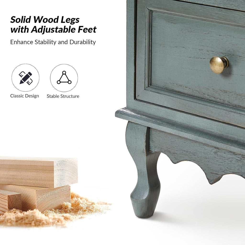 HULALA HOME 3-Drawer Nightstand with Charging Station, Farmhouse Solid Wood Nightstand Set of 2(Blue)