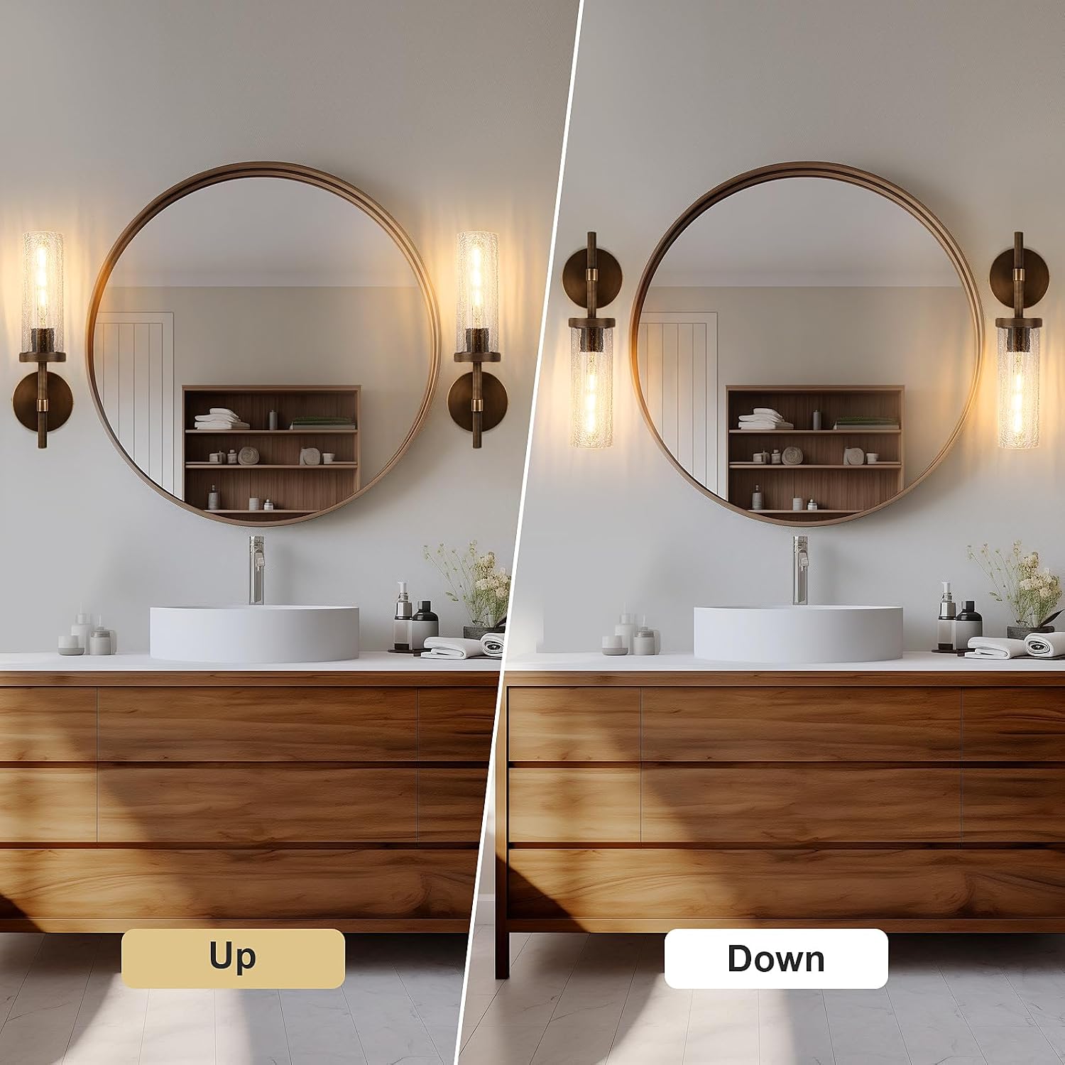 15' Knurled Brass Wall Sconces Set of 2, Bronze Bathroom Vanity Light Fixtures with Crackle Glass Tube, Modern Lamp Lighting for Bedroom, Living Room, Hallway, Staircase, Mirror, Kitchen