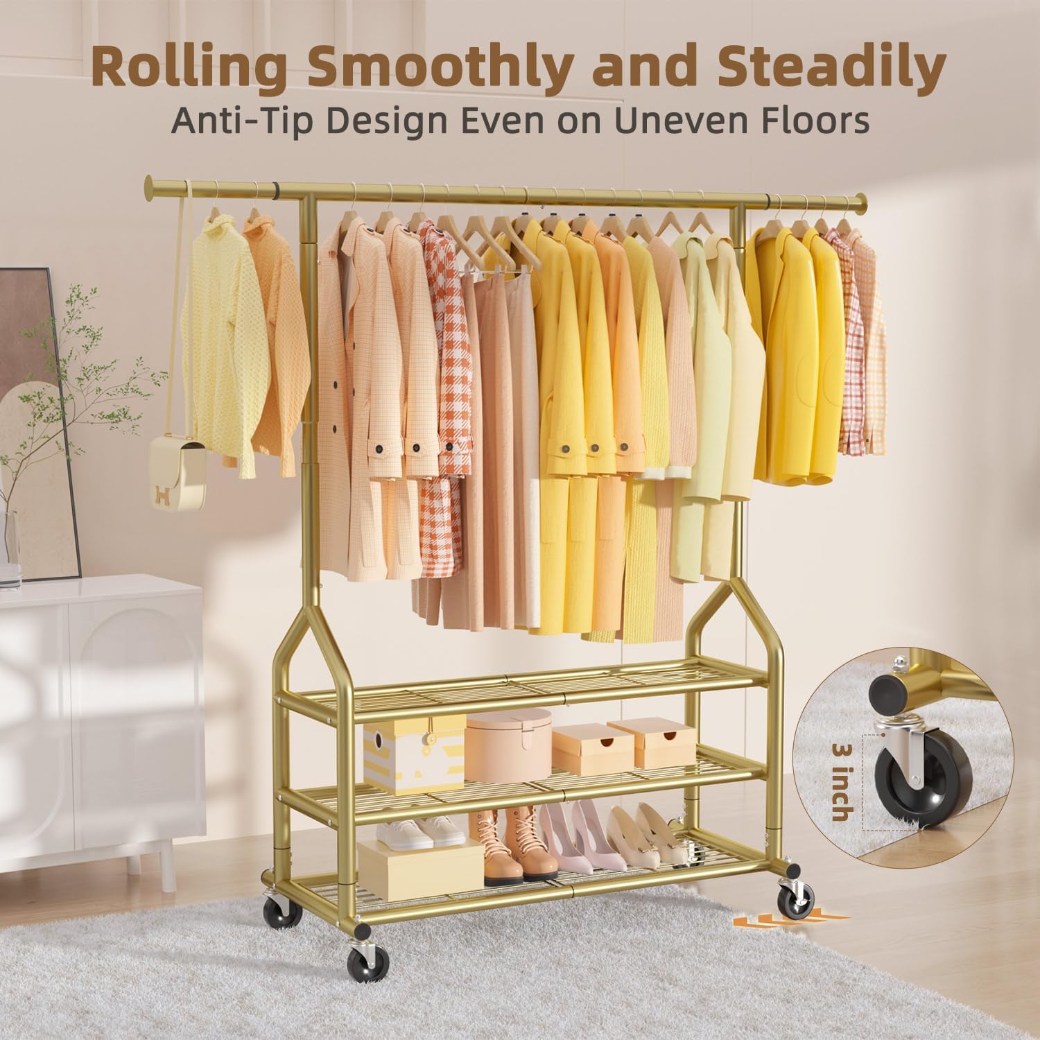 EAGMAK Heavy Duty Clothes Rack Load 688 LBS, Rolling Clothing Rack With 3 Shelves, Adjustable Metal Clothes Hanger with Wheels Portable Wardrobe Organizer Garment Rod for Hanging Clothes (Gold)