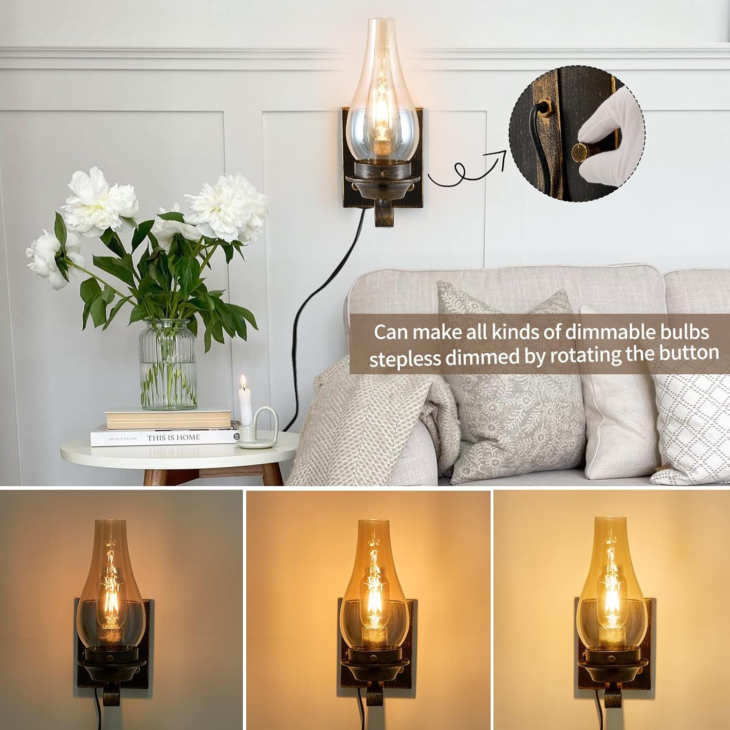 Yisuro Wall Sconces Sets of 2, Oil Rubbed Bronze Plug in Wall Sconce,Retro Rustic Wall Lamps,Sconces Wall Lighting with Amber Glass,Indoor Vintage Bedside Wall Lighting for Living Room Bathroom