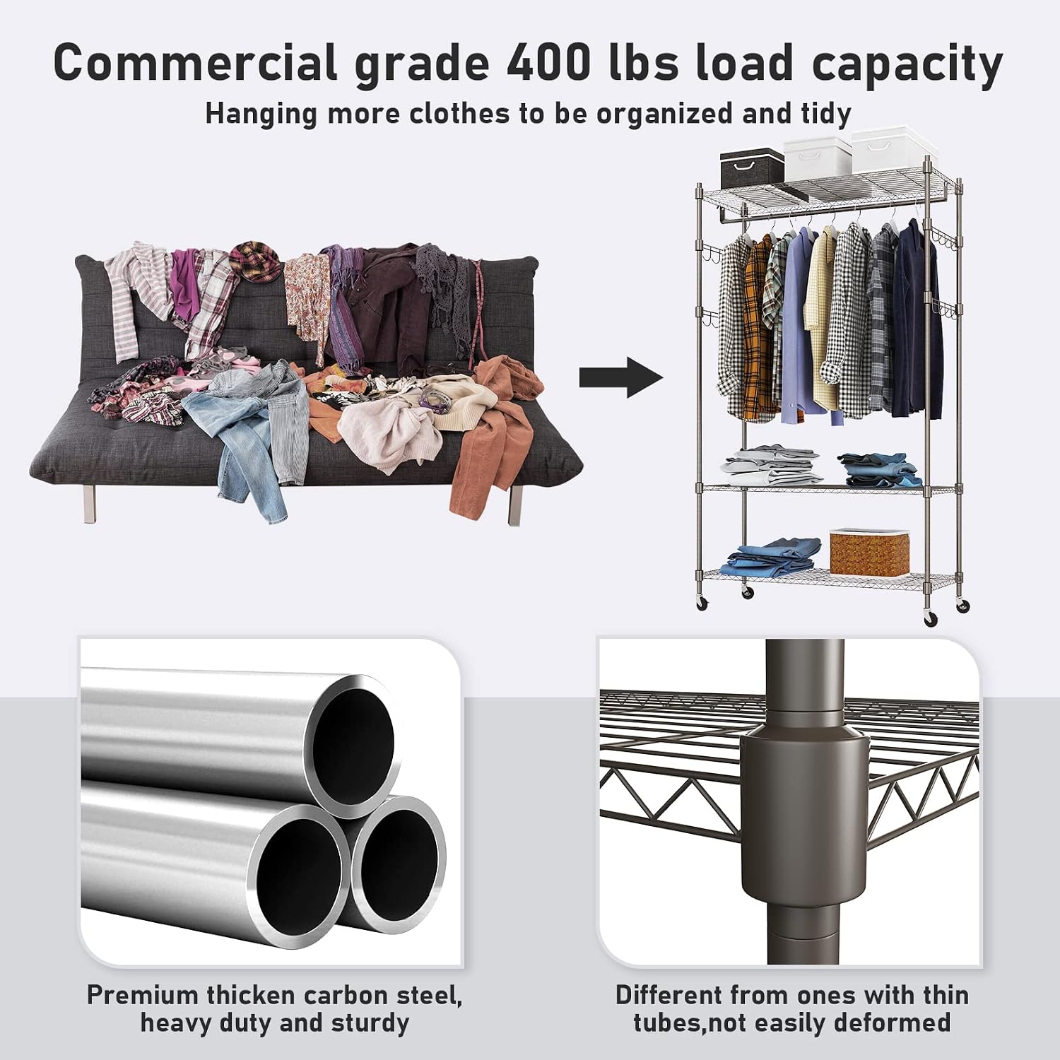 Heavy Duty Clothes Rack, Adjustable Rolling Garment Rack with Shelves, Freestanding Wardrobe Rack 1 Clothes Hanging Bar, 3 tired Wire Shelving, 4 Hanger Hooks - Hold Up to 400Lbs (Gray, 1Rod 4Hook)