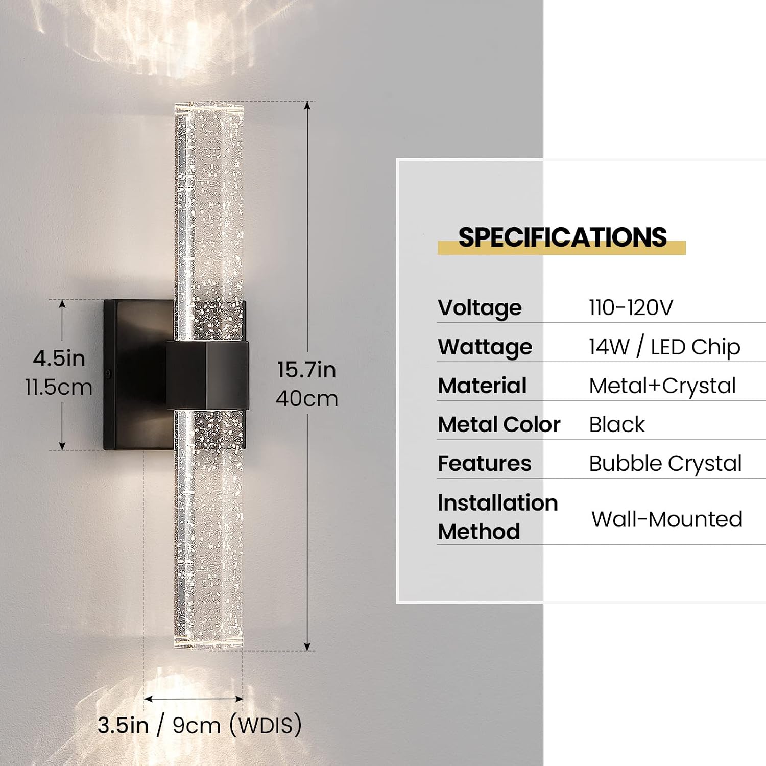 Epinl Black Sconces Wall Lighting - Modern Wall Sconces Set of Two Crystal Sconces Wall Decor Set of 2, 14W 3000K Dimmable Bathroom Vanity Light Fixtures for Hallway Bedroom Living Room