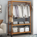 Bamboo Garment Coat Clothes Hanging Heavy Duty Rack with 1 Top and 4 Wheels,Multifunctional Storage Shelf Organizer,for Home Bedroom Entryway