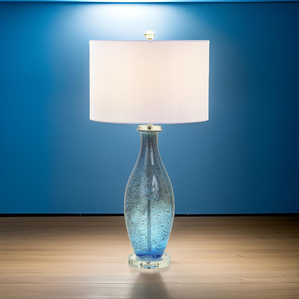 Sea Winds Trading Lux Lighting 30-Inch Blue Tone Art Glass Table Lamps Set of 2 with Dazzling Crystal Base Coastal Style 3-Way Switch Linen Shade