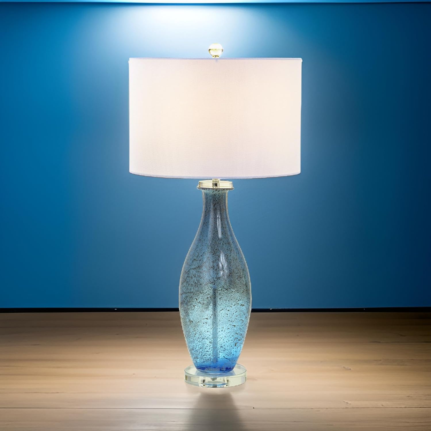 Sea Winds Trading Lux Lighting 30-Inch Blue Tone Art Glass Table Lamps Set of 2 with Dazzling Crystal Base Coastal Style 3-Way Switch Linen Shade