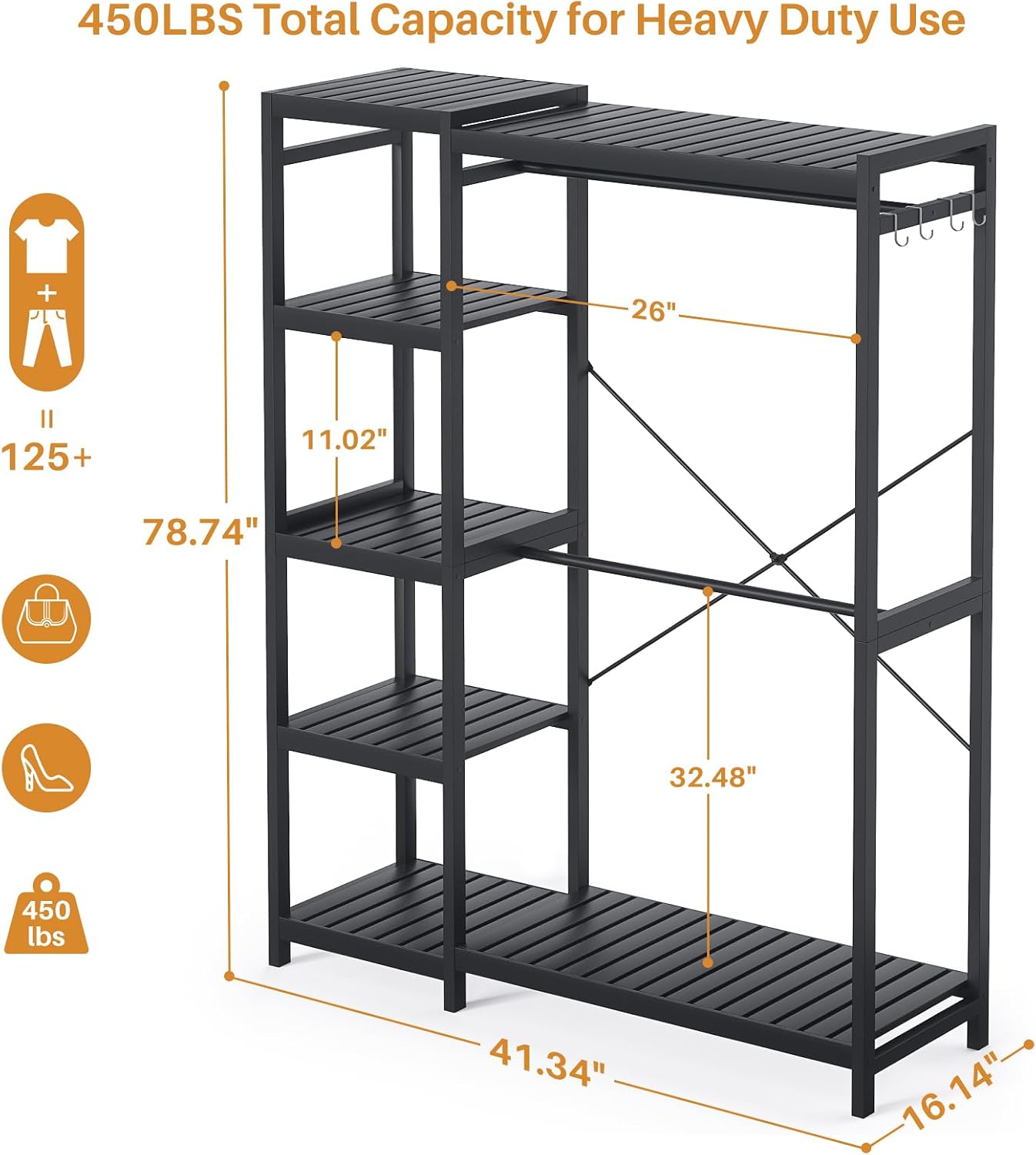 Homykic Closet System Set of 2, Bamboo Clothing Rack for Hanging Clothes with 14 Adjustable Shelves & 4 Rods, Freestanding Clothes Rack with 4 Hooks, Open Wardrobe Organizer Garment Rack, Dark Black
