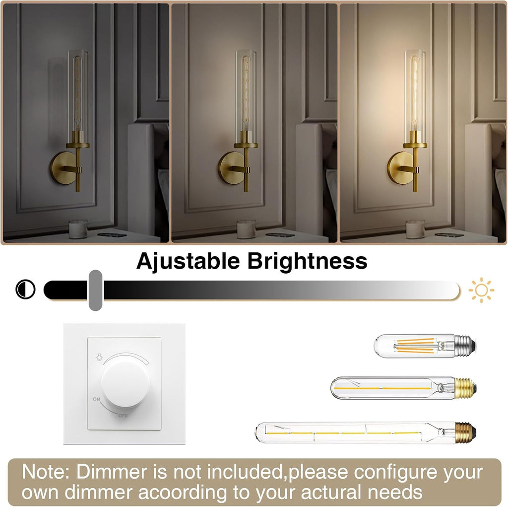 Gold Wall Sconces Set of Two, 19.48' Knurled Gold Wall Lighting with Glass Tube, Modern Brass Sconces Wall Lamp for Bedroom Living Room Bathroom Hallway Staircase & Vanity Mirror(Including Bulb)