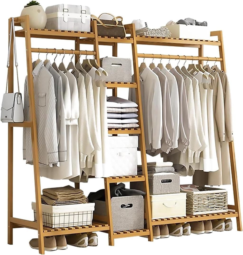 Bamboo Garment Rack for Hanging Clothes, 5 Tiers Clothing Rack, Free Standing Clothes Coat Hanger Closet Organizer with Shoe Rack,Portable Wardrobe for Living Room Bedroom, Natural