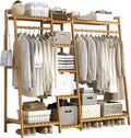 Bamboo Garment Rack with Storage Shelf, Free Standing Coat Clothes Hanging Rack for Hall Living Room Bedroom Office - Portable Wardrobe Organizer for Shoes and Clothes Natural