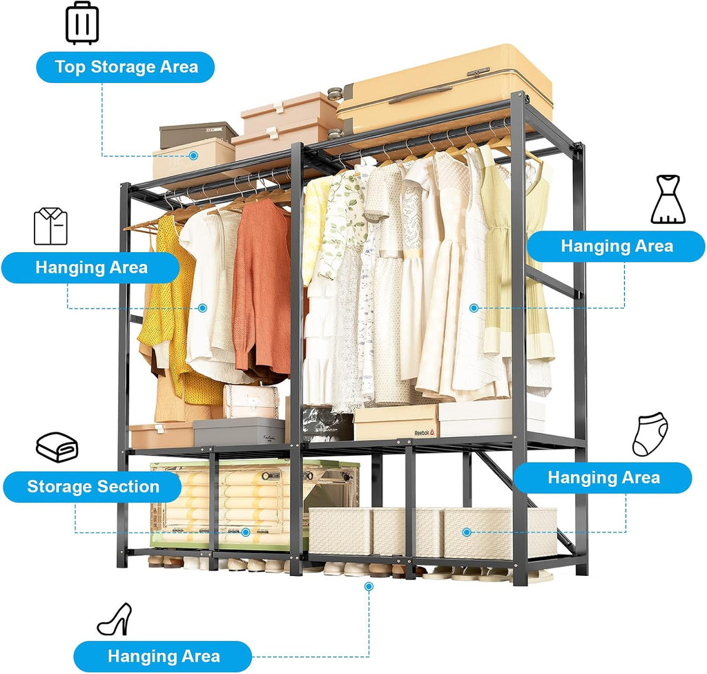 Foldable Heavy Duty Portable Closet with Cover, Freestanding Storage Garment Rack for Bedroom, Clothes Rack for Hanging Clothes Armoire Wardrobe Closet System, 66.1x67.7x20.5 Inch,Black Grey
