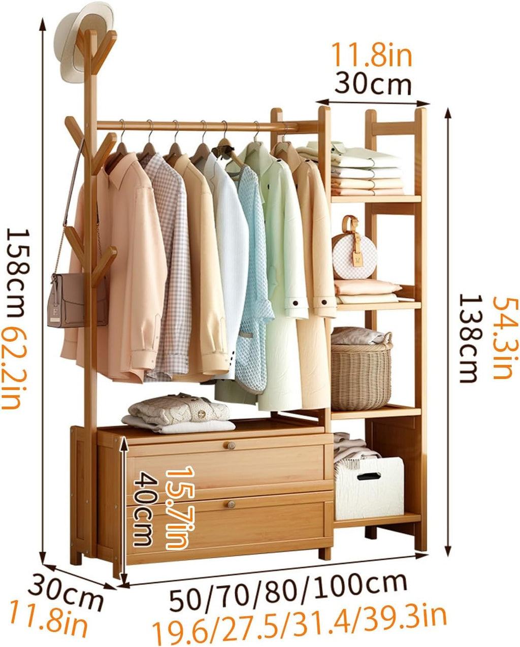 Wooden Clothes Rack, Clothing Rack with Shelf and Hook, Garment Rack with Shelves, with Storage Drawer, Garment Rack for Hanging Clothes,Coats,Skirts,Shoes,Bags,Easy to Assemble(Yellow,70x30x15