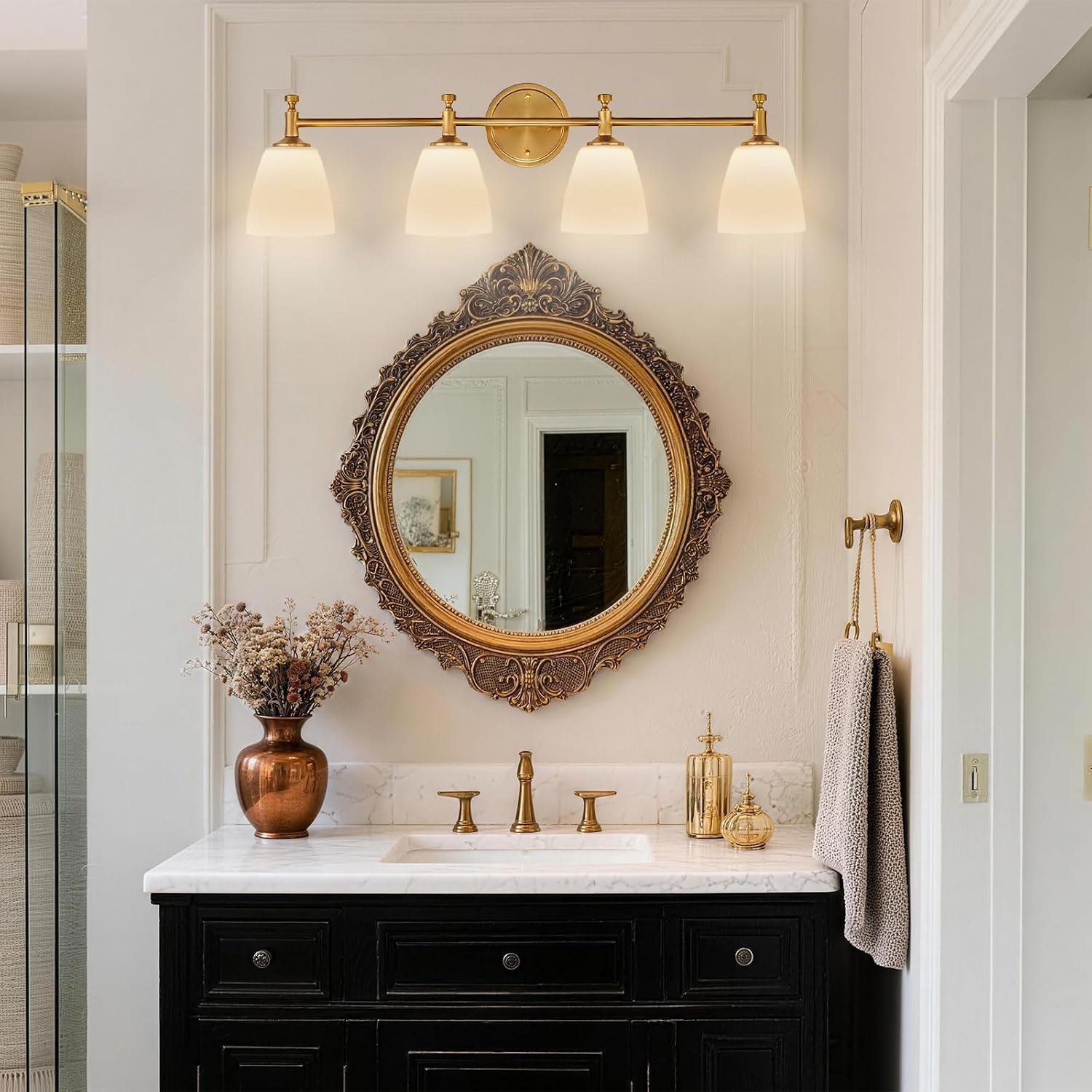 Bathroom Vanity Light Fixture, 4-Light Vintage Bathroom Lighting Fixtures Over Mirror, Antique Brass Finish with Frosted Milk Glass Shade, Wall Sconces Lighting for Bedroom, Living Room, Hallway