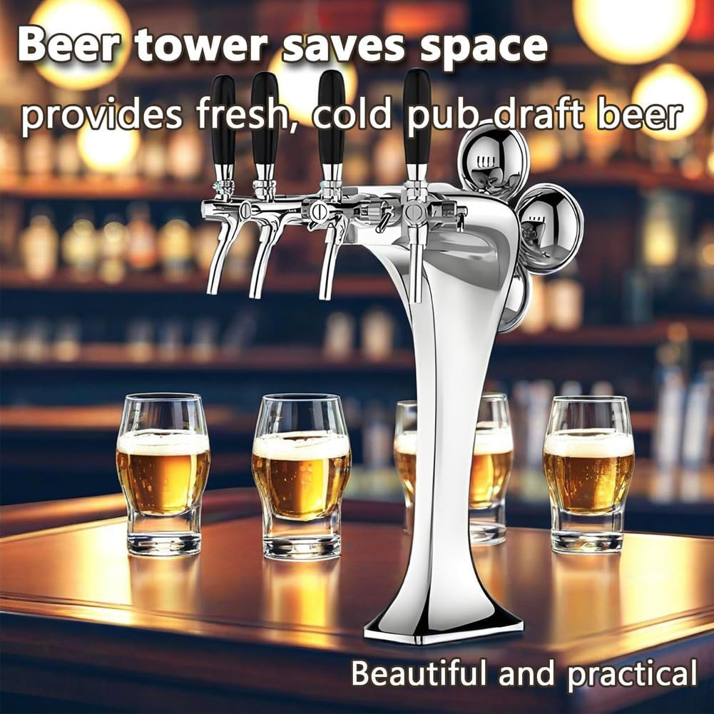 4 Taps Stainless Steel Tower, Pipe Tower Kegerator, with LED Beer Labels, Electroplating Surface (Gold/Sliver),Silver