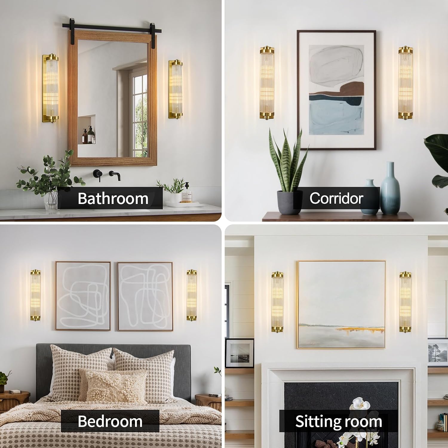 Gold Wall Sconces Set of Two with Crystal Glass Strip Bathroom Sconces 2 Light E12 Base Modern Wall Lights for Bedroom Living Room Hallway Wall Light Fixtures