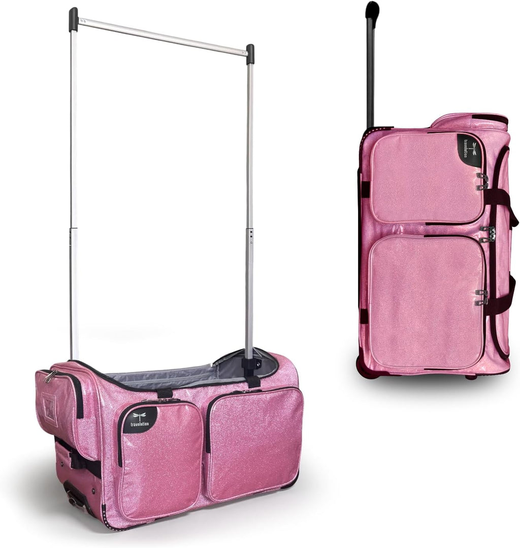 Travolution NEW Glittering Dance Bag with Garment Rack, 23 Inch Rolling Duffel With Wheels, Ideal for Competitions & Travel, Easy-assembly Lightweight Aluminum Clothes Rack (Glitter Pink)