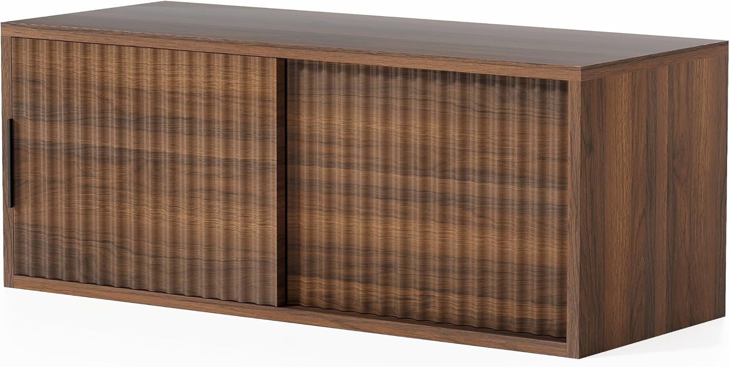 EYYTHUNG Floating Nightstand with Sliding Doors, Modern Fluted Large Night Stand Storage Shelf Wall Mounted Bedside Tables for Bedroom, Brown