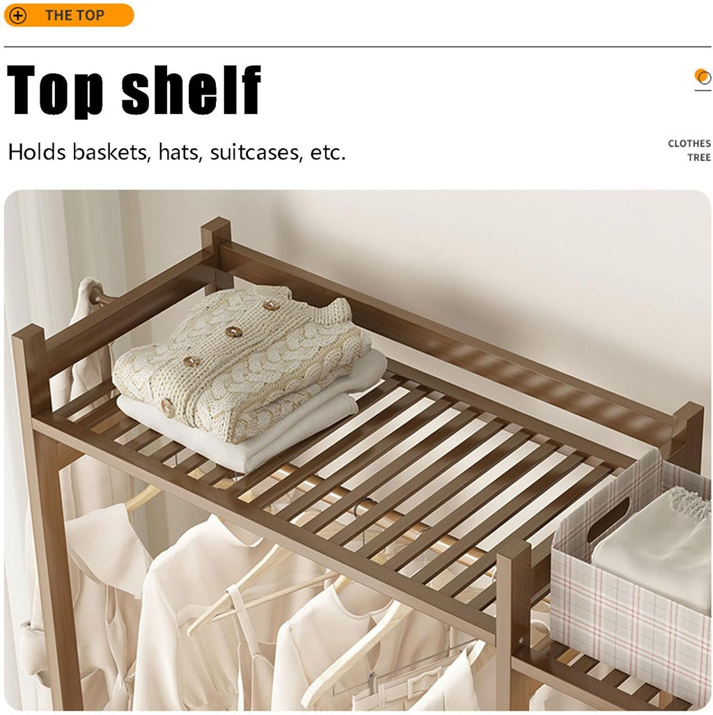 Bamboo Garment Rack, Free Standing Clothes Coat Hanger Rolling Closet Organizer with Shoe Rack Wardrobe Storage Shelves for Hall Living Room Bedroom Office, Walnut
