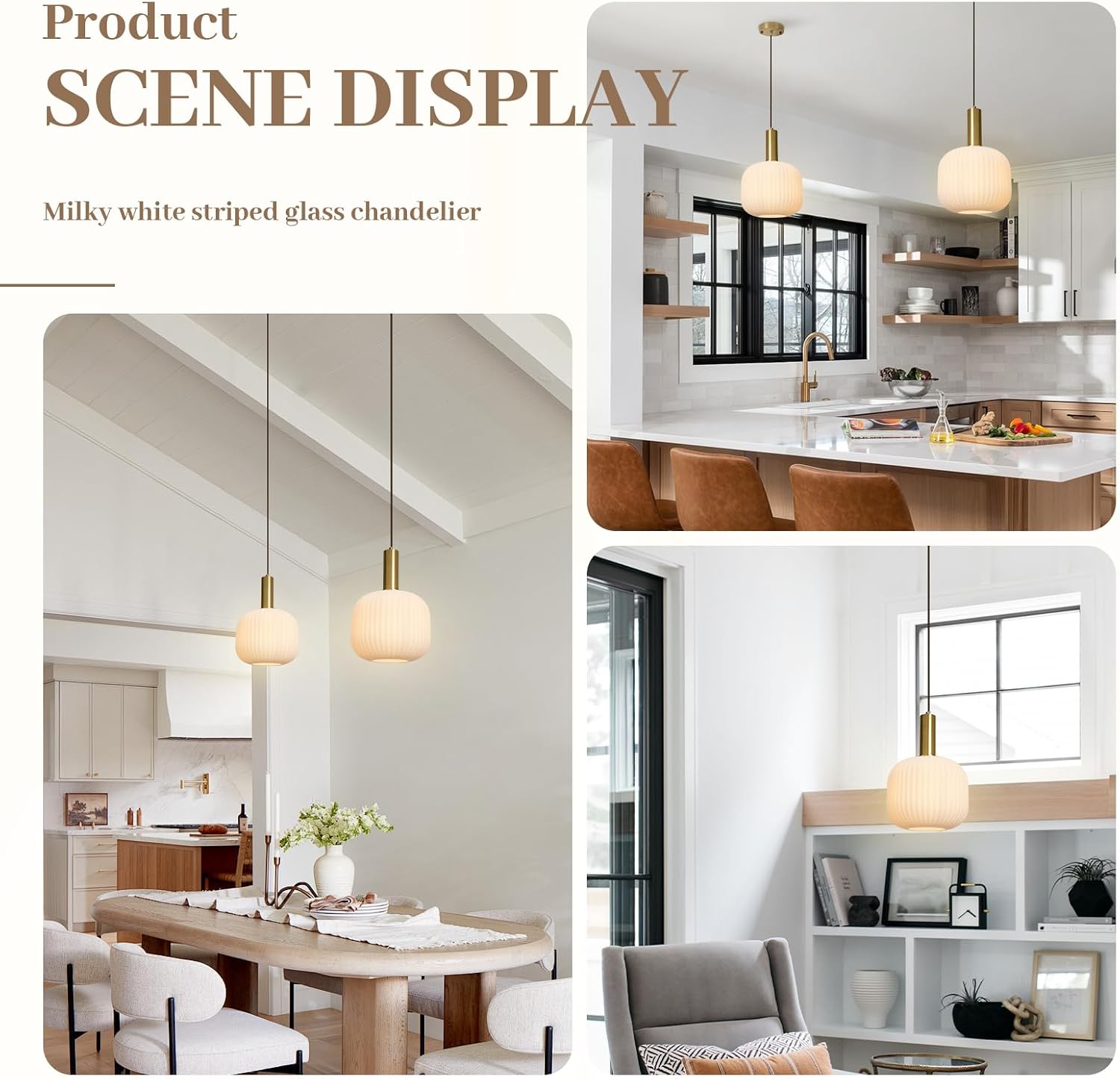 Milk Glass Pendant Light, Mid Century Modern Pendant Lighting with Striped Glass Globe, White and Gold Pendant Ceiling Light Fixture for Kitchen Island Dining Room Bedroom Hallway