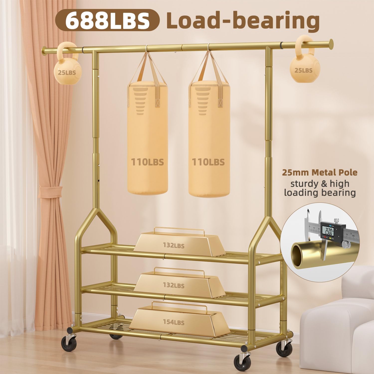 EAGMAK Heavy Duty Clothes Rack Load 688 LBS, Rolling Clothing Rack With 3 Shelves, Adjustable Metal Clothes Hanger with Wheels Portable Wardrobe Organizer Garment Rod for Hanging Clothes (Gold)