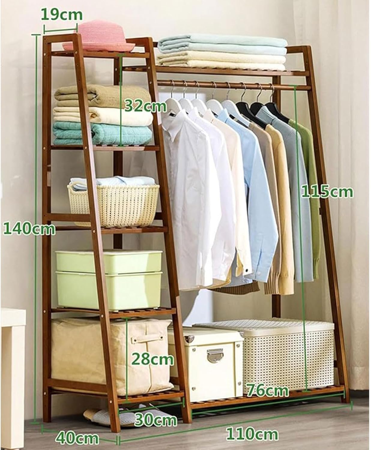 Bamboo Clothing Garment Rack, 5 Tier Clothes Storage Hanging Rack, Portable Wardrobe Closet Organizer Shoe Storage Shelves for Living Room Bedroom Hallway Entryway,A,110cm