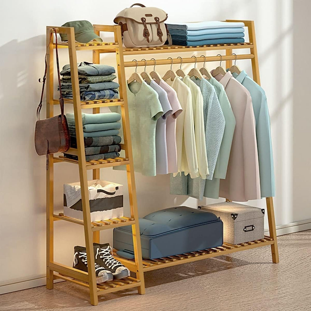 Heavy Duty Clothes Hanging Rack, Bamboo Garment Rack, 7-Tier Storage Shelves, Bedroom Wardrobe Closet Organizer