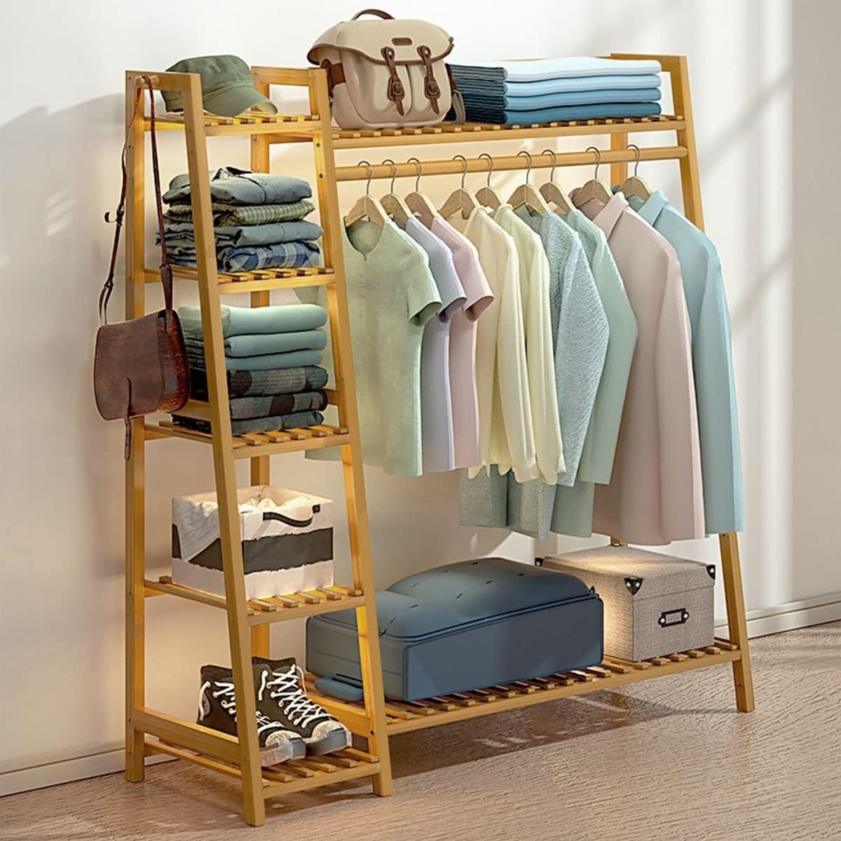 Heavy Duty Clothes Hanging Rack, Bamboo Garment Rack, 7-Tier Storage Shelves, Bedroom Wardrobe Closet Organizer
