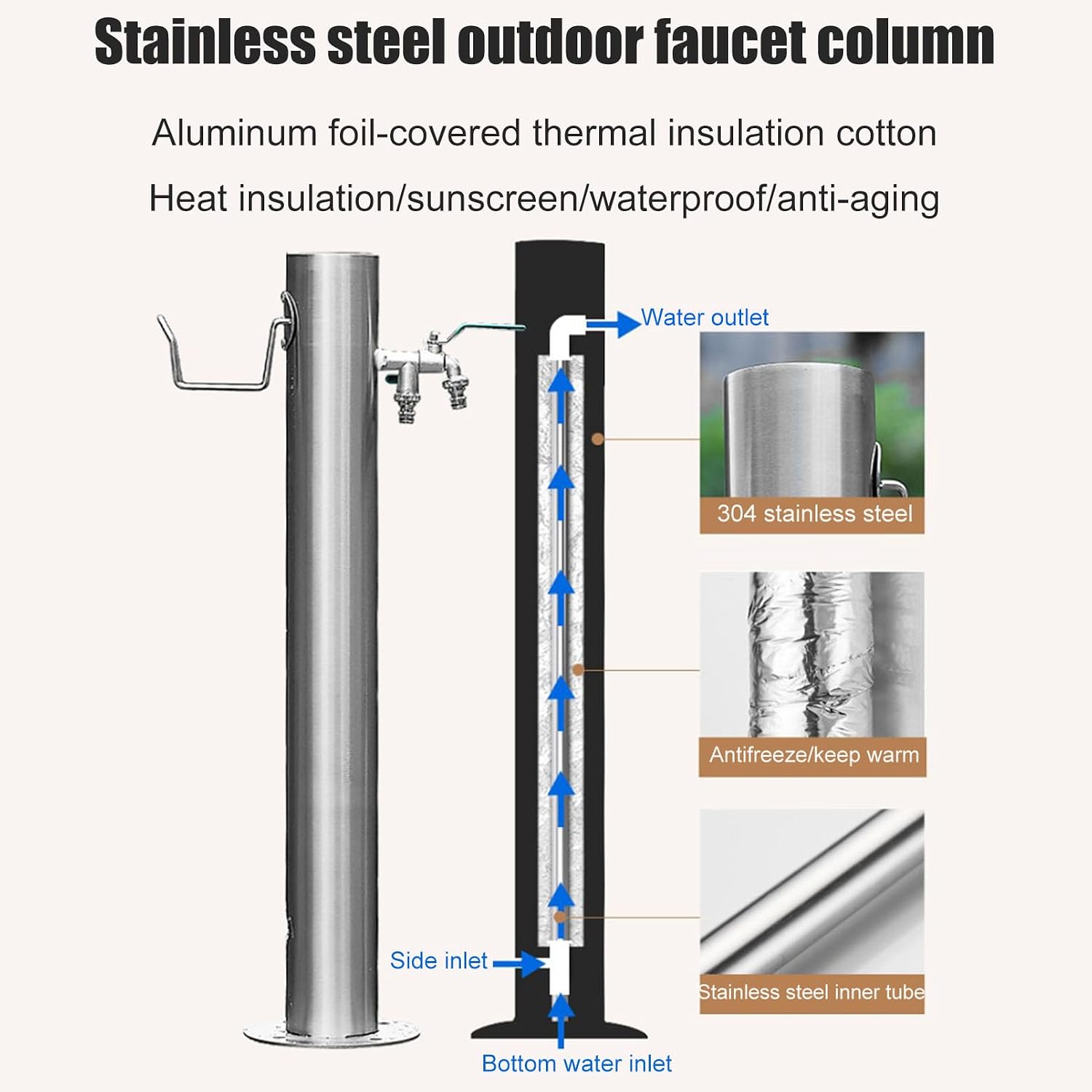 Generic Stainless Steel Garden Water Column with Faucet for Washing and Watering, Outdoor Water Tap Anti-Freezing Fountain and Hose Stand, 13×86CM