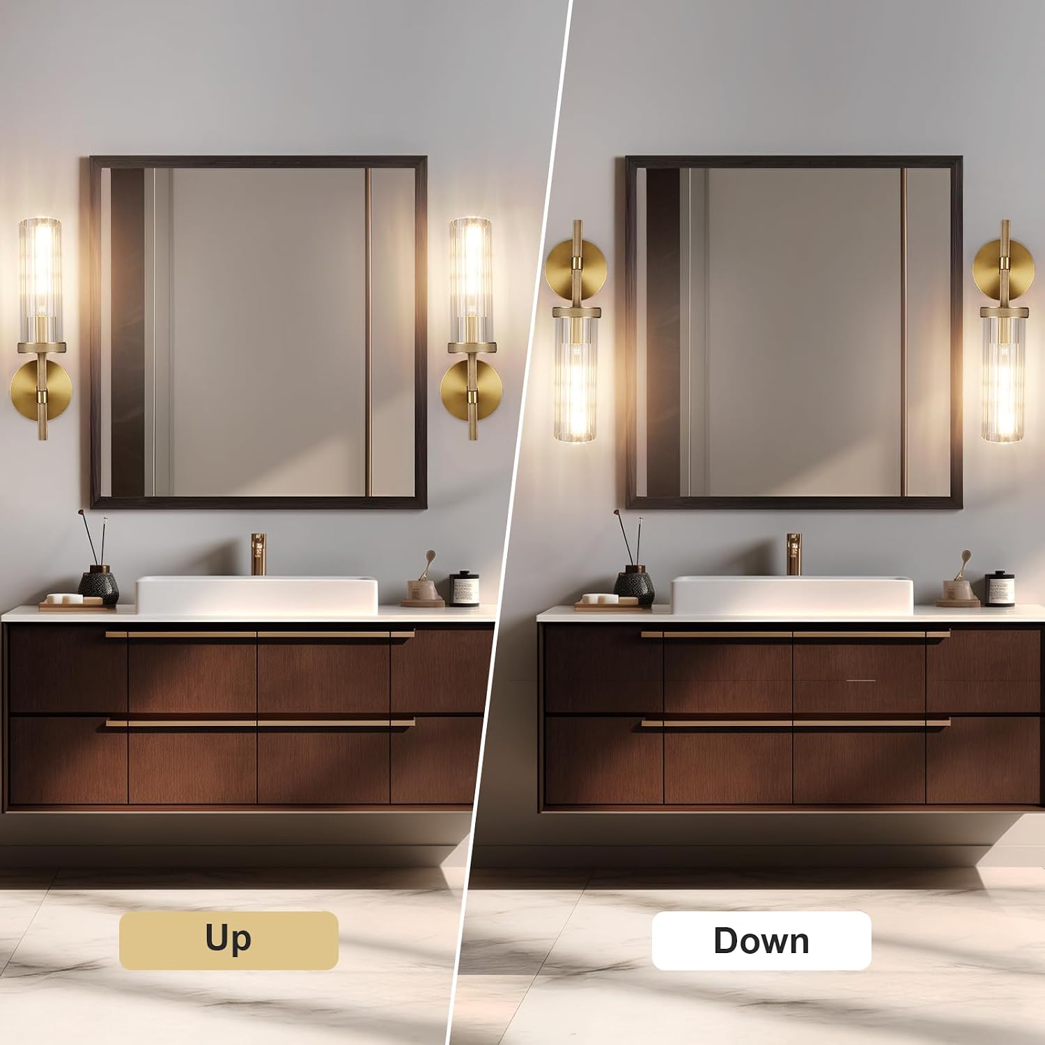15' Knurled Brass Wall Sconces Set of 2, Gold Bathroom Vanity Light Fixtures with Vertical Striped Glass Tube, Modern Lamp Lighting for Bedroom, Living Room, Hallway, Staircase, Mirror, Kitchen