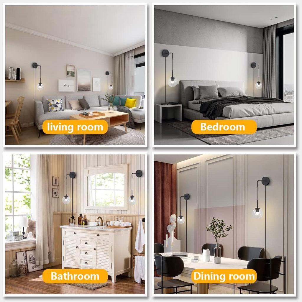 BOKT Mid Century Modern Black Wall Sconce Light Set of Two Plug in Clear Glass Globe Ball Wall Lighting Set of 2 Minimalist Vanity Bathroom Wall Light Lamp Plug in Cord (Clear)