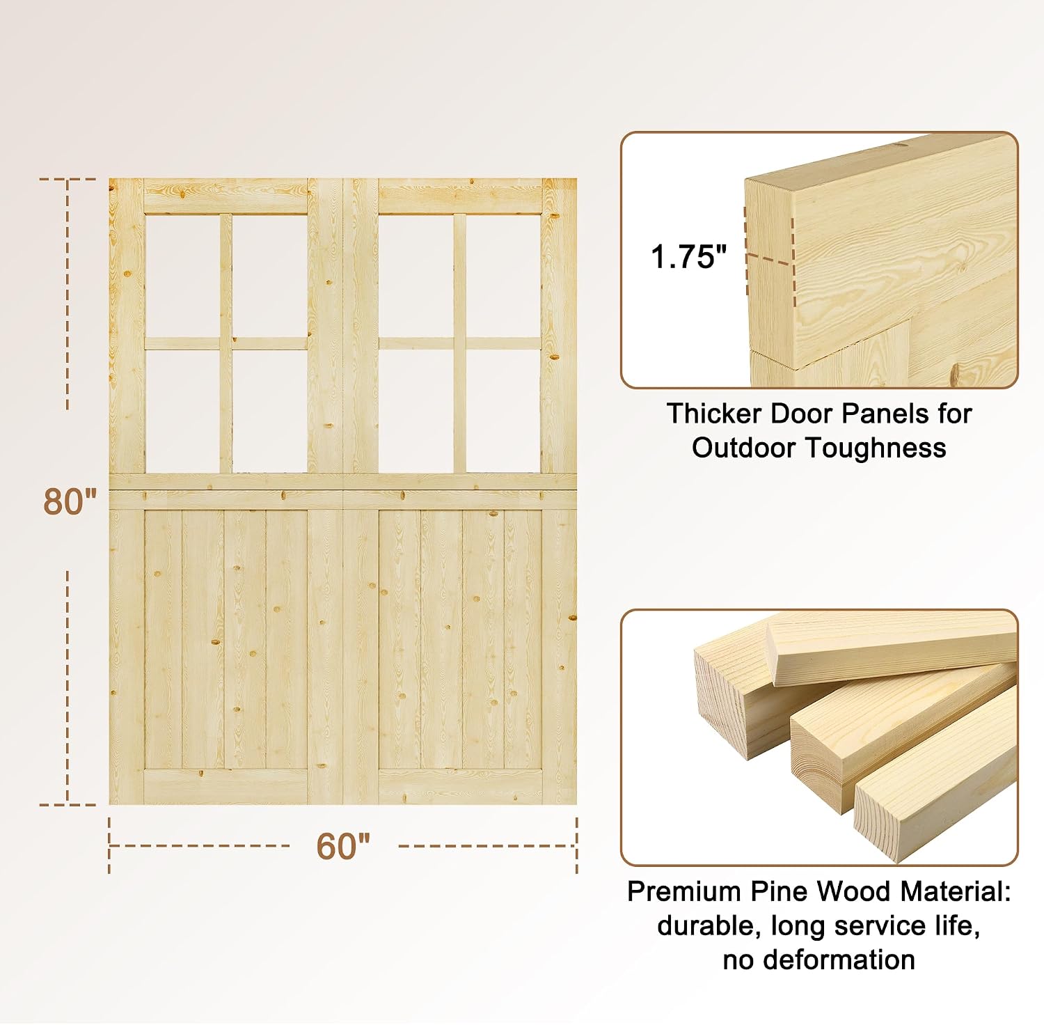 Interior & Exterior Double Dutch Door Slab, 60' x 80', Universal 4 Lite Tempered Clear Glass Split Single Door, Solid Core Home Door, Natural Pine Wood - with 4 Hinges & 1 Latch, Without Jamb