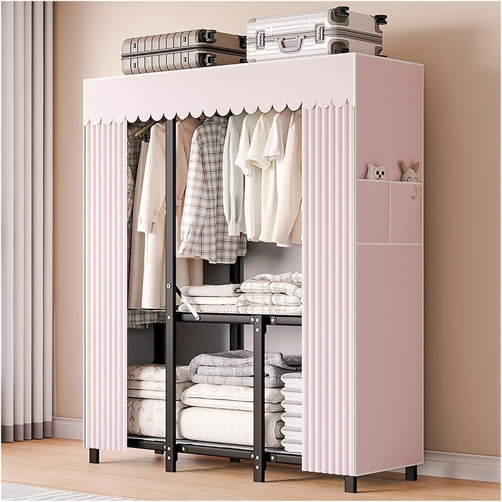 Foldable Portable Wardrobe Closet, Freestanding Covered Metal Clothes Rack with Cover, Heavy Duty Garment Rack for Hanging Clothes, Storage Organizer(Pink,110cm/43.3inch)