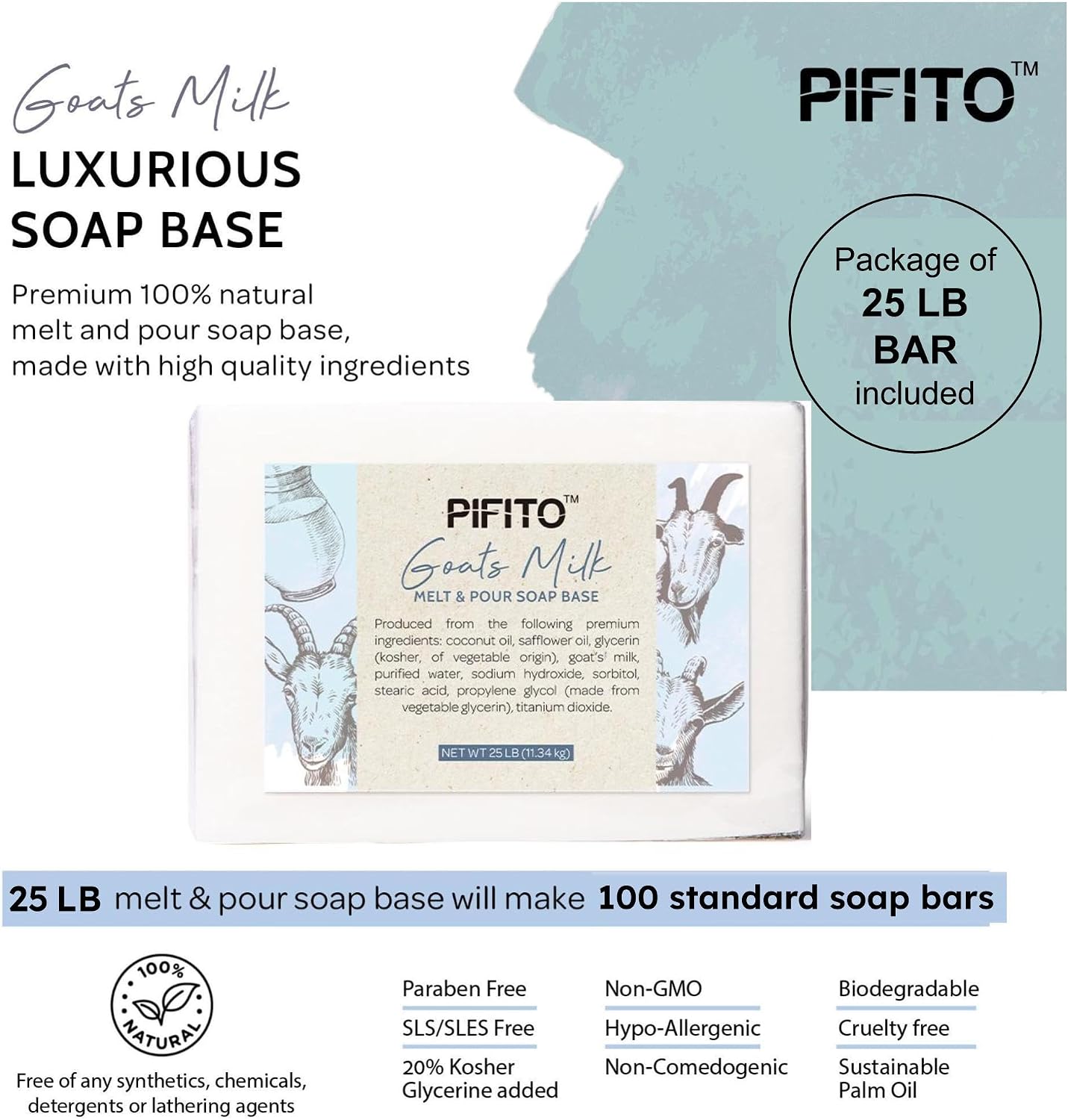 Pifito Goats Milk Melt and Pour Soap Base (25 lb) │ Bulk Premium 100% Natural Glycerin Soap Base │ Luxurious Soap Making Supplies