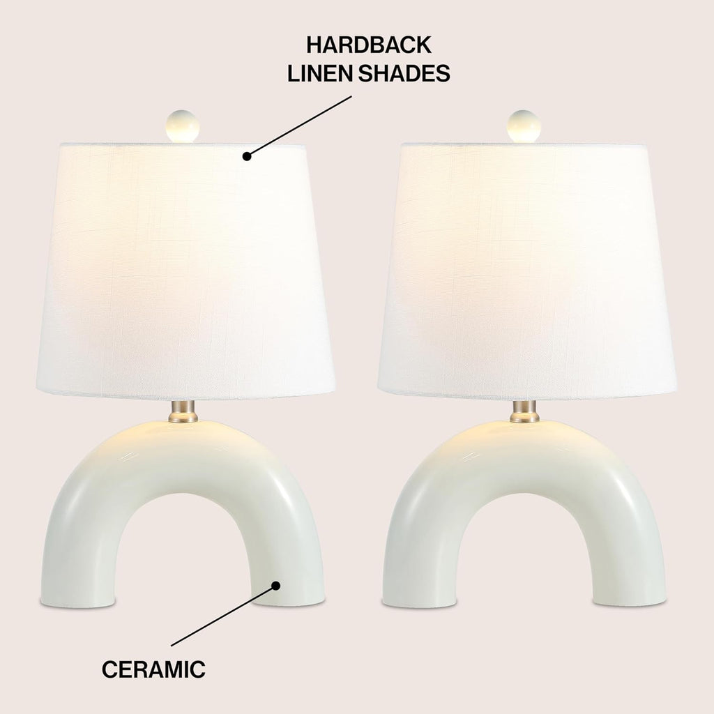 JONATHAN Y 17.75' Blue Gray Modern Ceramic Arch Table Lamp Set of 2 for Bedroom, Scandinavian Minimalist Bedside Lamps with White Linen Shade, LED Bulbs Included (JYL5503B-SET2)