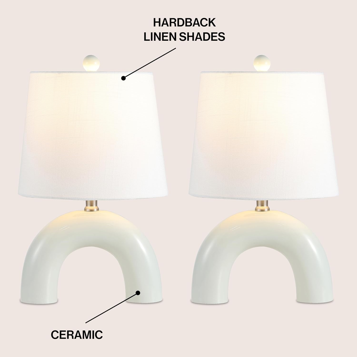 JONATHAN Y 17.75' Blue Gray Modern Ceramic Arch Table Lamp Set of 2 for Bedroom, Scandinavian Minimalist Bedside Lamps with White Linen Shade, LED Bulbs Included (JYL5503B-SET2)