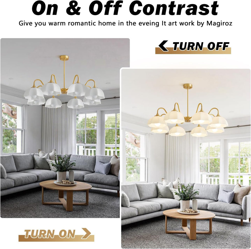 8 Lights Gold Sputnik Chandelier Light Fixture Large Mid Century Large Milk Glass Sputnik Pendant Lights Kitchen Island Modern Farmhouse Semi Flush Mount Chandelier Hanging Lamp MPL13-8 GD