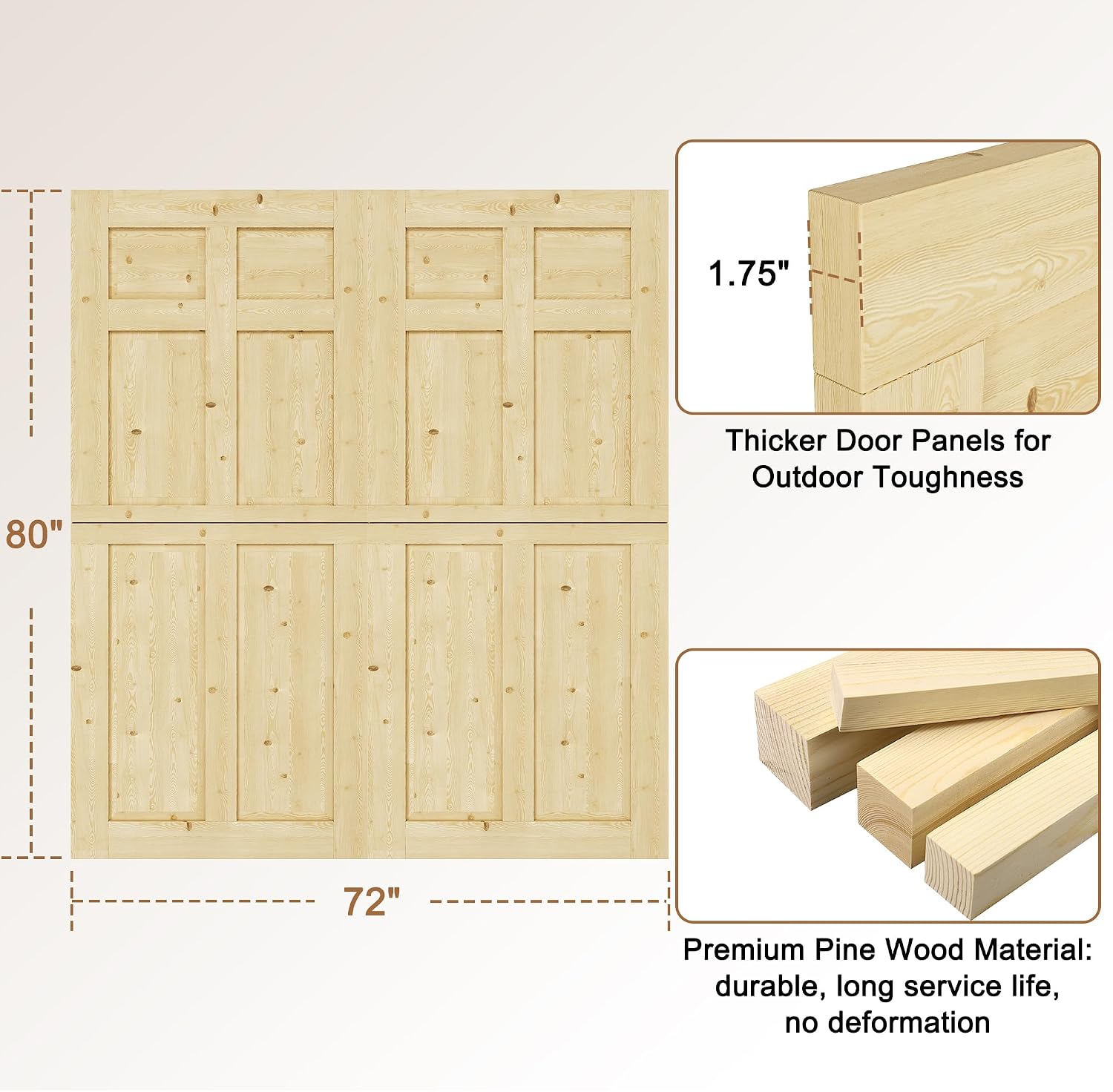 Interior & Exterior Double Dutch Door Slab,72' x 80', Universal 6 Lite Panel Split Single Doors, Solid Core Home Door, Natural Pine Wood - with 8 Black Hinges & 2 Latch, Without Jamb