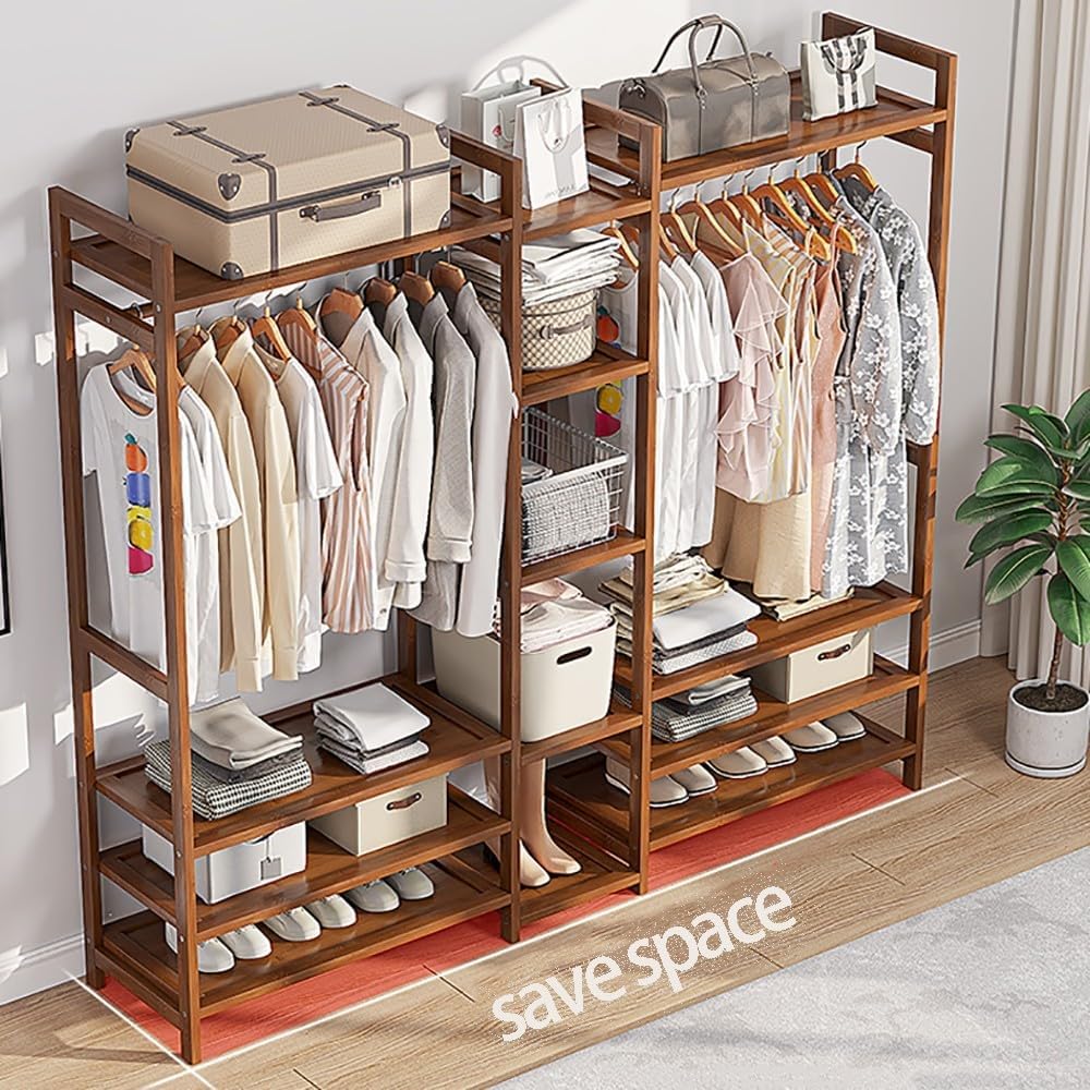 Floor-Standing Solid Wood Rotating Coat Rack，Natural Bamboo Clothes Rack with Hanging Rod, 2 Shelves & Hooks - Freestanding Coat & Garment Organizer for Bedroom & Hallway - Stylish Open Ward
