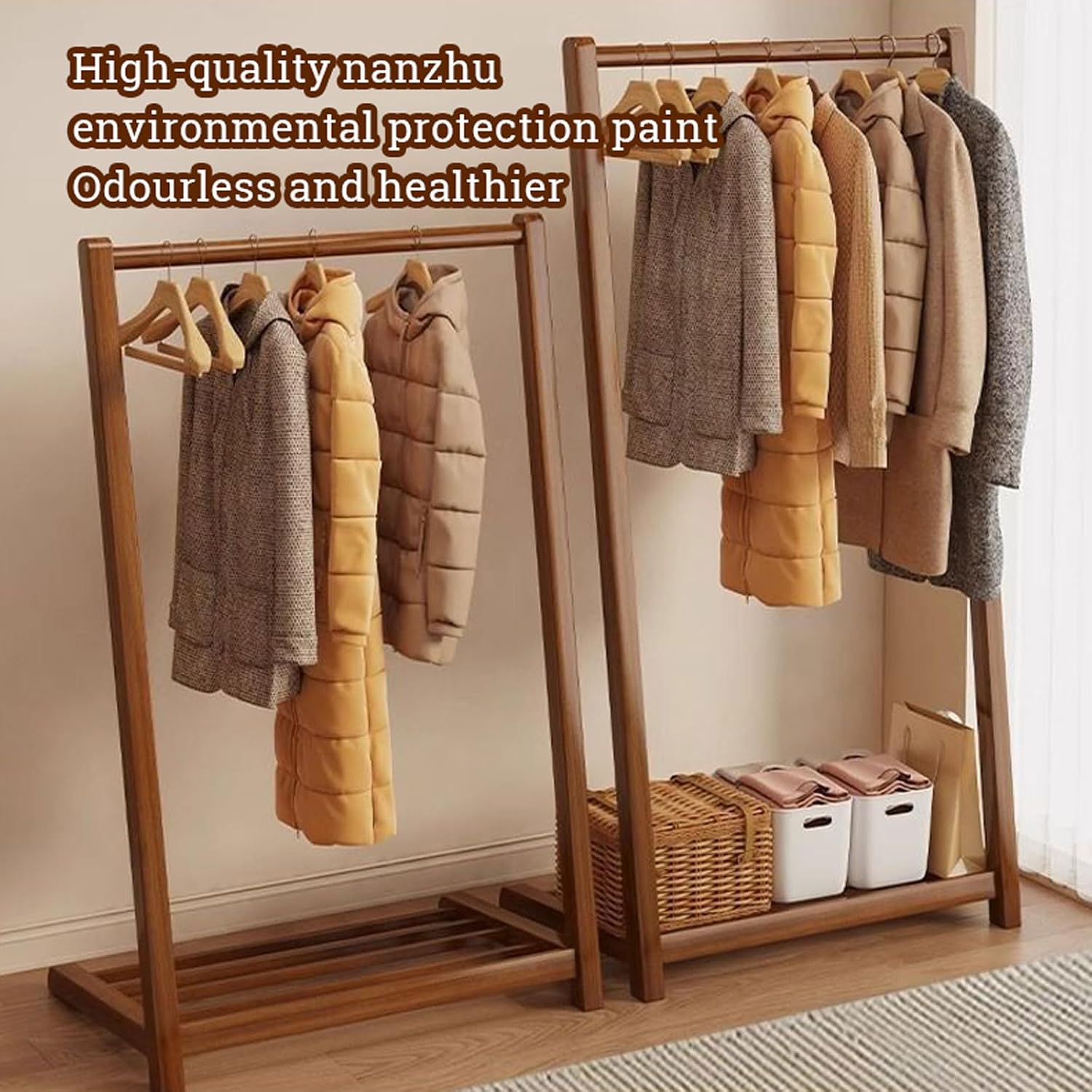 Bamboo Clothing Rack L-shape Coat Rack with Storage Shelves, Free Standing Clothes Hanging Rail Garment Rack for Entryway Bedroom Living Room