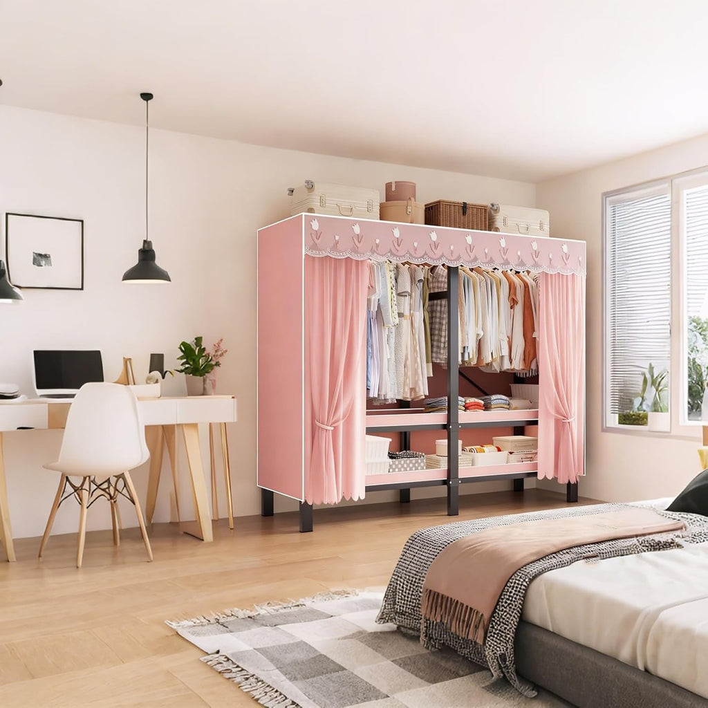 Foldable Heavy Duty Wardrobe Closet, Rolling Covered Portable, Metal Garment Rack for Hanging Clothes,for Bedroom