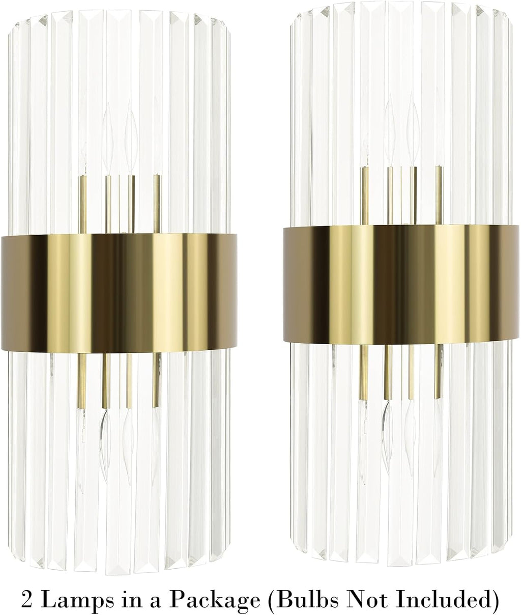 Gold Wall Sconces Set of Two Mid Century Modern Crystal Sconce Lighting 2-Light Brass Glass Wall Light Fixtures for Bathroom Bedroom Hallway Living Room