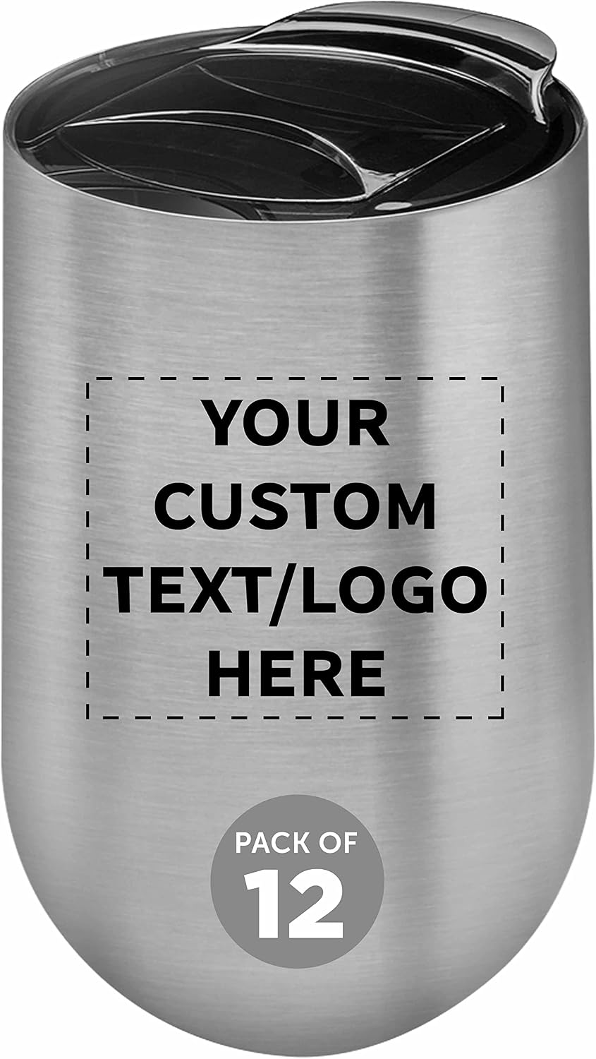 Custom Stainless Steel Mugs with Side Lock Lid Set of 12, Personalized Bulk Pack - Perfect for Coffee, Hot Chocolate, Iced Tea, Soda, Other Hot & Cold Beverages - Silver