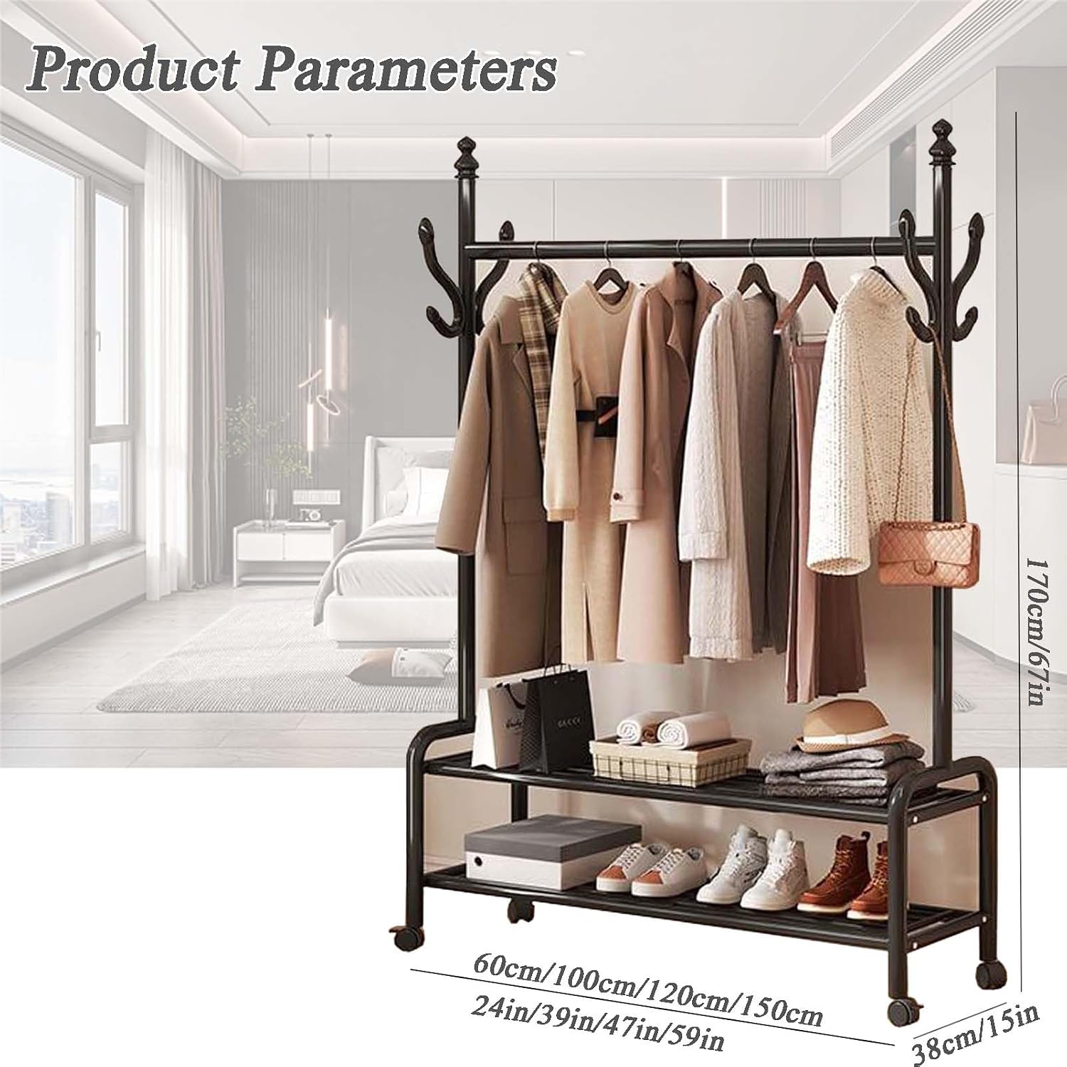 YSUEFIJO Clothing Garment Rack On Wheels, Garment Racks for Hanging Clothes, Multi-Functional Bedroom Clothes Rack, Heavy Duty Clothing Rolling Rack, for Dorm Bedroom Home