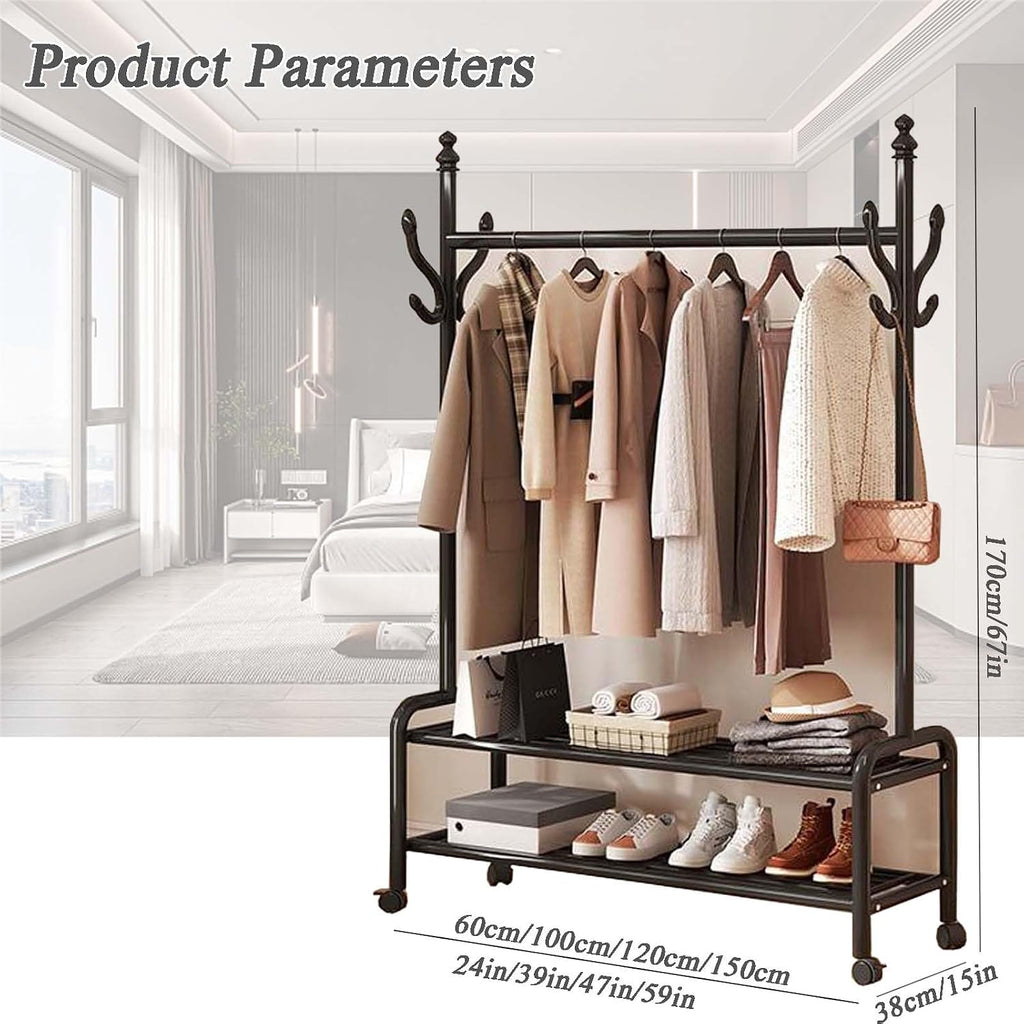 YSUEFIJO Clothing Garment Rack On Wheels, Garment Racks for Hanging Clothes, Multi-Functional Bedroom Clothes Rack, Heavy Duty Clothing Rolling Rack, for Dorm Bedroom Home