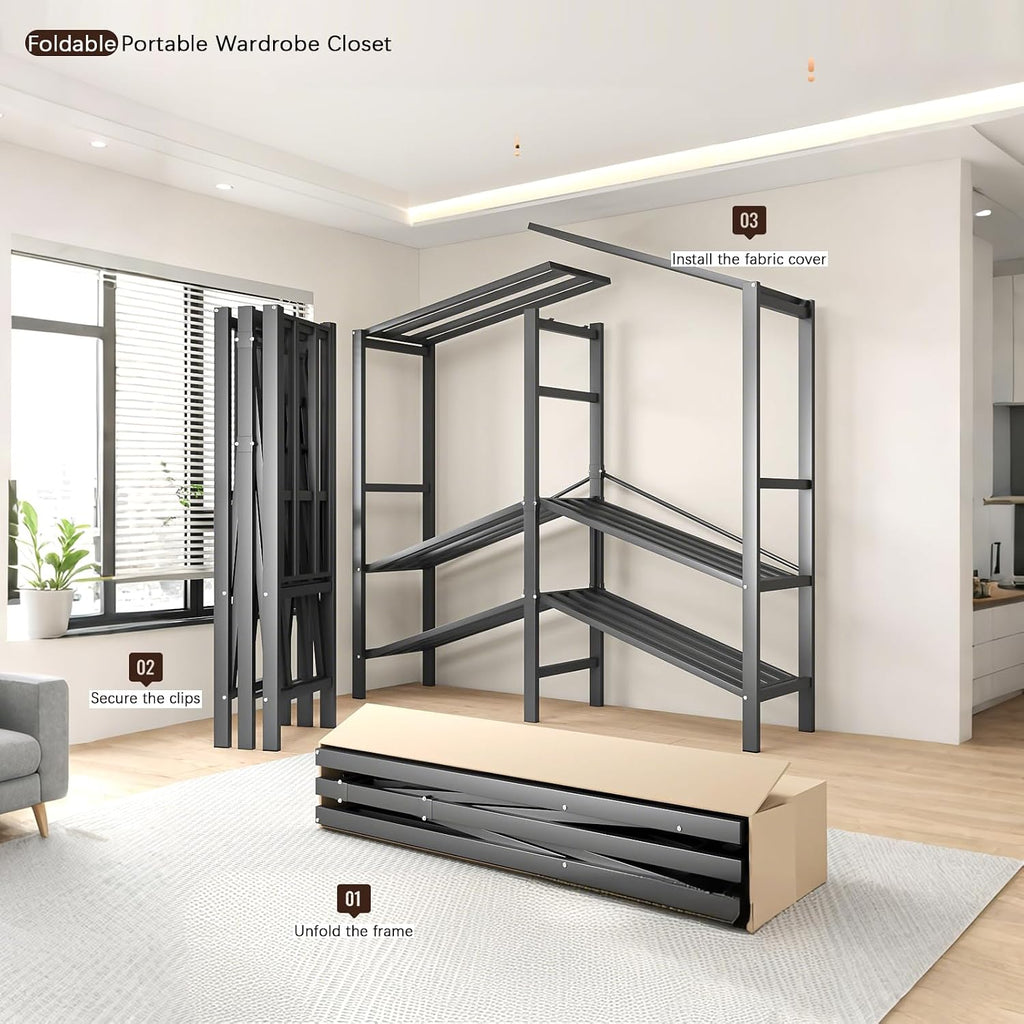 Foldable Portable Armoire Wardrobe Closet for Hanging Clothes Rack, Heavy Duty Covered Clothes Rack with Cover(HARDBOARD Magnetic), Closet Garment Rack for Bedroom Storage (KT Off-white, 70.86in)