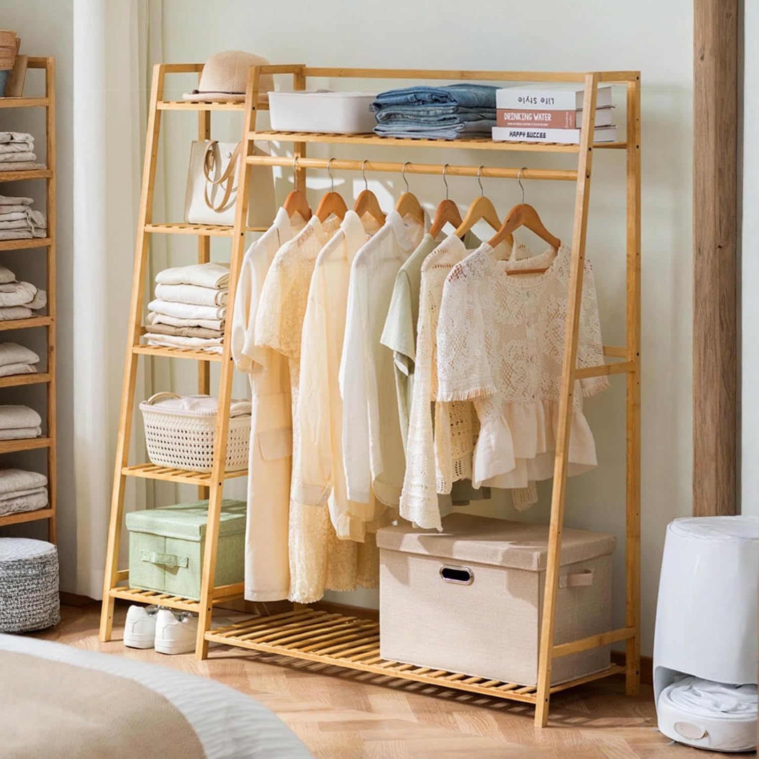 Bamboo Garment Rack with Shelves, Free Standing Clothes Organizer, Multi-Tier Storage with Hanging Rod and Shoe Rack, 43.3x15.7x55.1 Inches