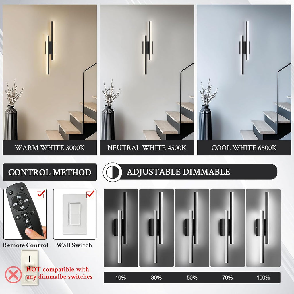 LED Wall Sconce Set of 2 Black Remote Modern LED Vanity Lights Set of 2 Indoor Wall Light Fixtures for Living Room, Dimmable Wall Sconce for Bedside Bedroom Bathroom, L23.6inch 2 Pack