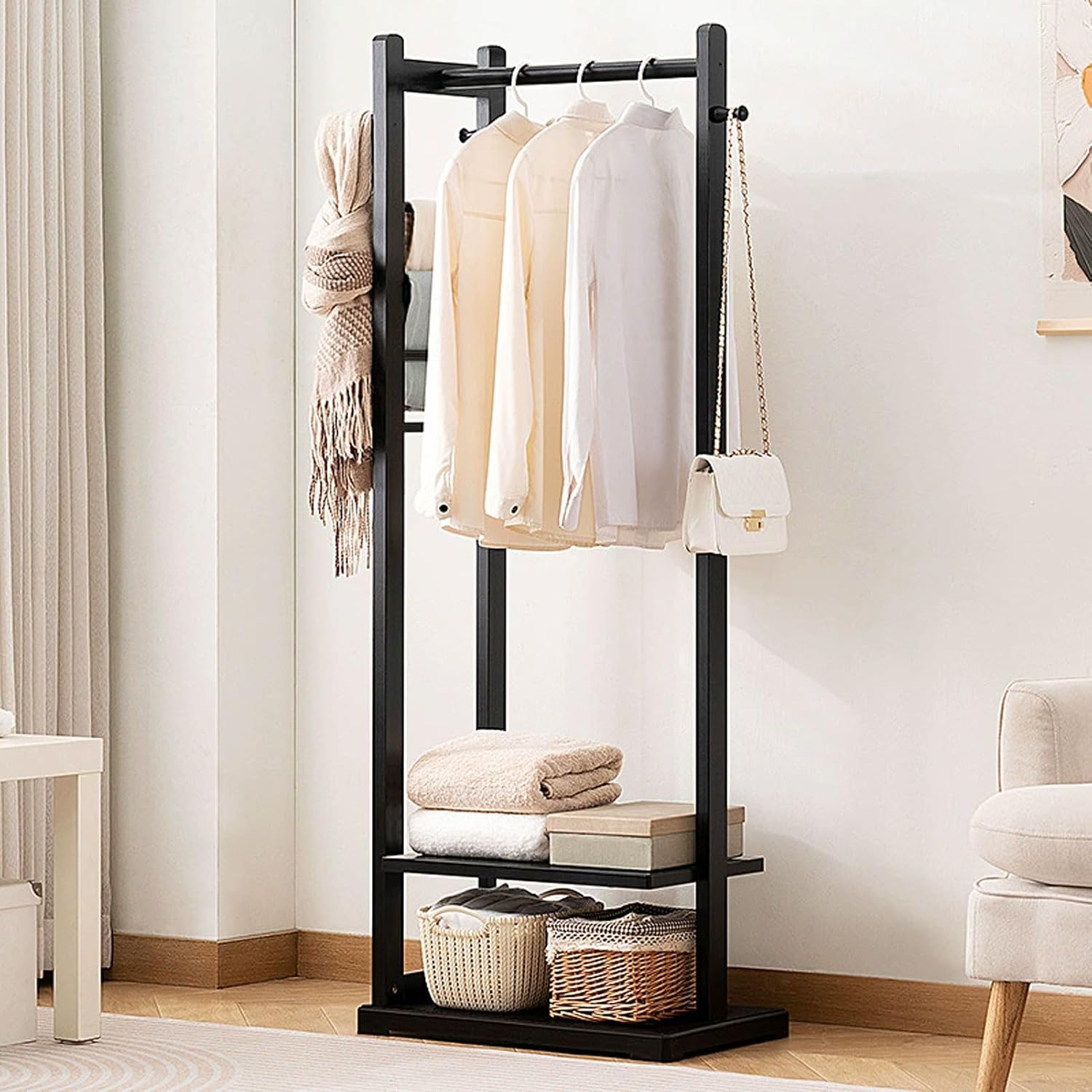 Bamboo Clothing Rack with Storage Shelves - Free-Standing Garment Rack with Side Hooks & Pants Holder, Stylish Hanging Clothes Organizer for Bedroom & Living Room