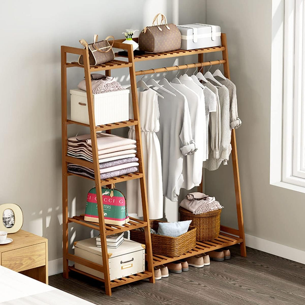Bamboo Clothes Hanging Rack with 5 Tier Storage Shelves Hooks Portable Rack Cloest Organizer Garment Rack for Bedroom Guest Room/80 * 40 * 140Cm (130*40*140cm )
