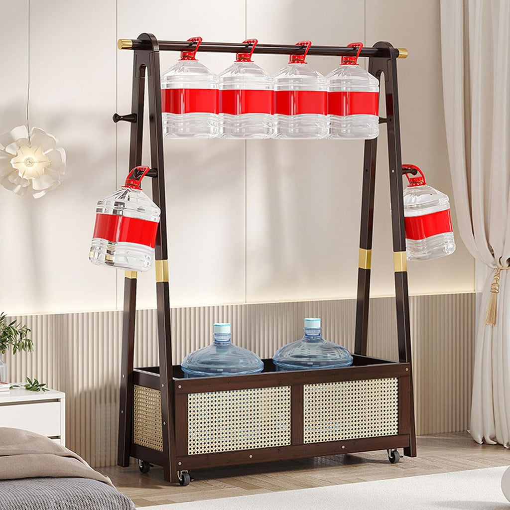 Free Standing Coat Stand with Hanging Rod, Bamboo Clothes Rail Stand with Large Capacity Rattan Storage Basket, Mobile Garment Rack with Wheels, for Bedroom Hallway