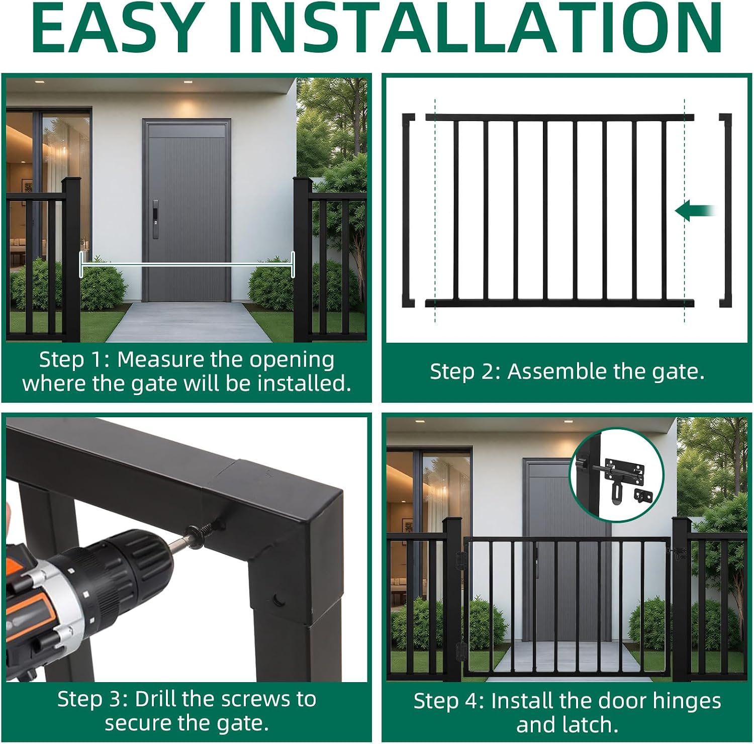 Outdoor Deck Fence Gate Kit, 42''H x 48''W Heavy Duty Steel Gate Anti-Rust Fence Door with Self-Closing Hinges and Latch for Railings, Patios, Gardens, Decks